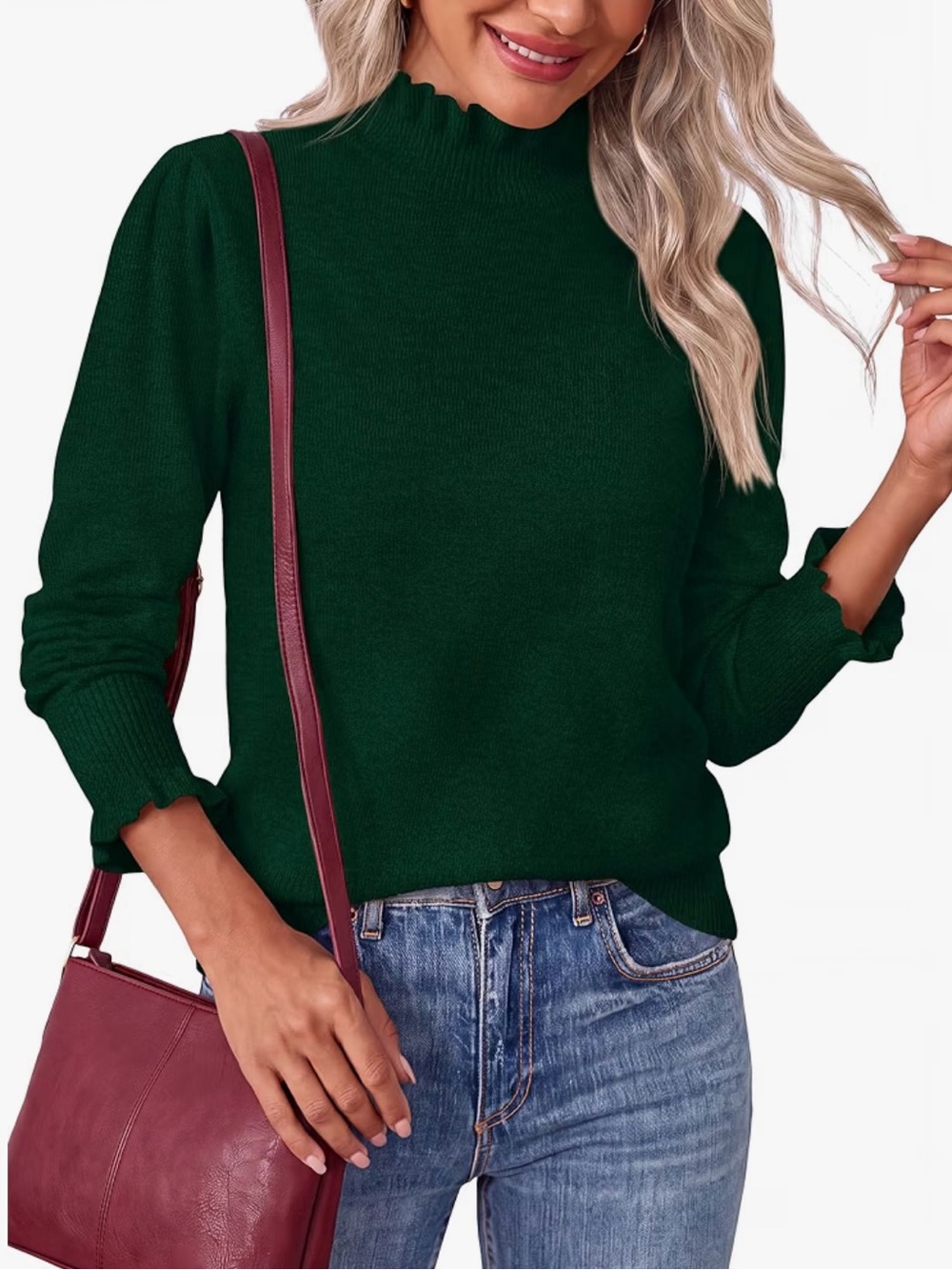 RUFFLE MOCK NECK SWEATER | Women’s Long Sleeve Blouse - Dark Green